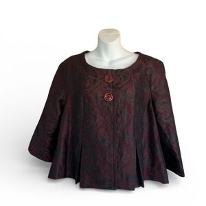 WD.NY Boxy Swing Blazer pleated, Maroon Floral brocade, big retro buttons 12 EUC